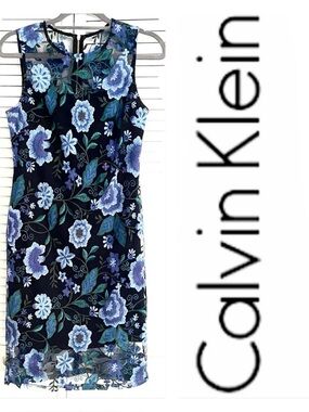 Calvin Klein Black Floral Embroidered Sheath Dress!